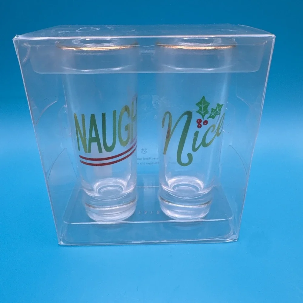 Pottery Barn Christmas Shot Glass Gift Set Gold Rim Naughty & Nice Boxed Barware